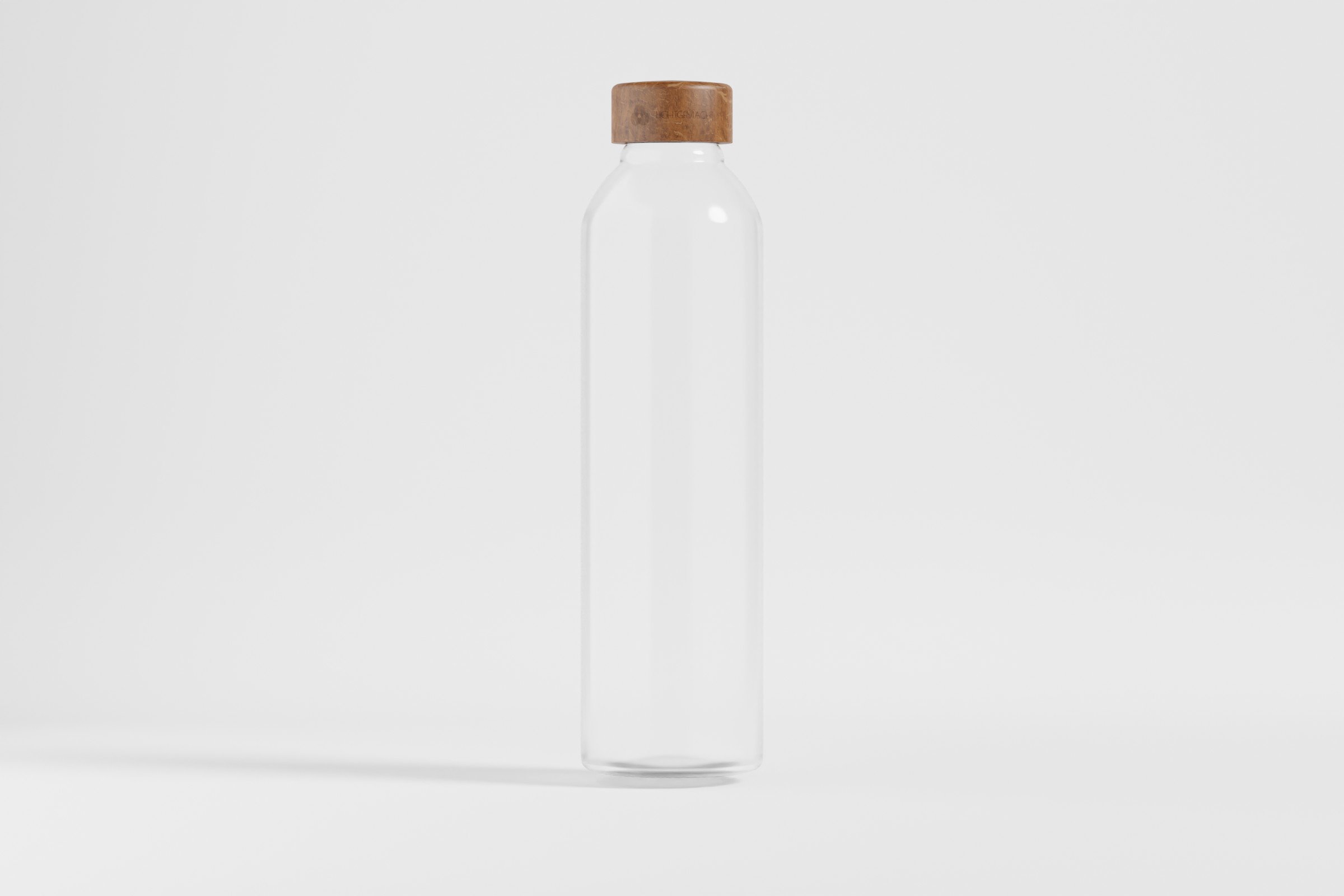 3D Render einer Glasflasche mit Holzdeckel vor einer weißen Hohlkehle.